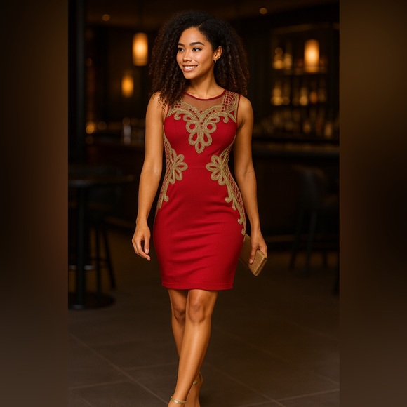 Elegant Red and Gold Floral Dress - Picture 3 of 13
